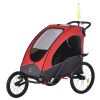2-Seat Bicycle Bike Trailer for Toddlers, Kids, 3 In 1 Foldable Canopy Carrier, Child Jogger Stroller with Shock Absorber System, Red/Gray