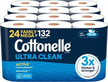 Toilet Paper with Active CleaningRipples Texture, Strong Bath Tissue, 24 Family Mega Rolls = 132 Regular Rolls (4 Packs of 6)