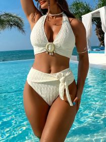 Ladies' white split beach bikini swimwear with shell embellishment, elegant and sexy (size: M)