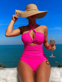 Ladies' cross pleated sexy hanging neck and exposed waist one-piece bikini swimsuit (Color: Pink, size: M)